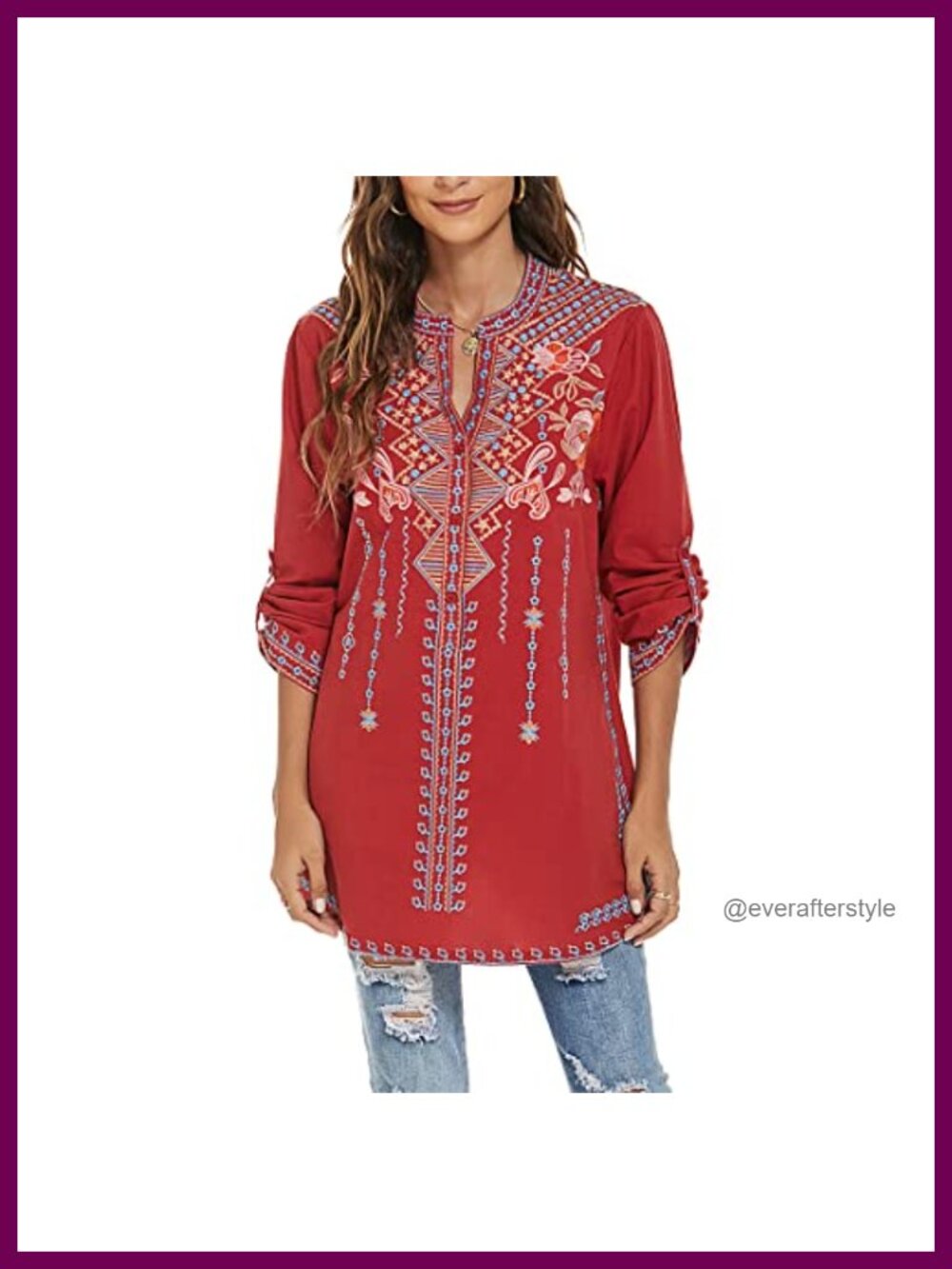 Embroidered Mexican Peasant Top V Neck Loose Tunic Blouse